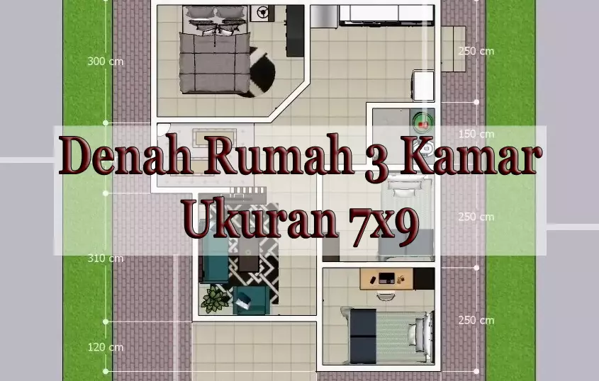 Denah rumah 3 kamar ukuran 7x9